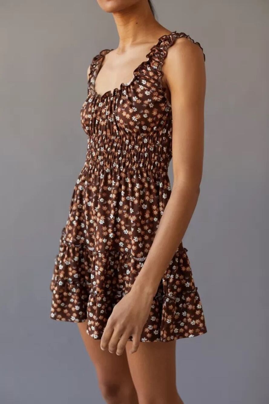 Urban Outfitters Ditzy Floral Brown Smocked Gathered Sundress Size XS